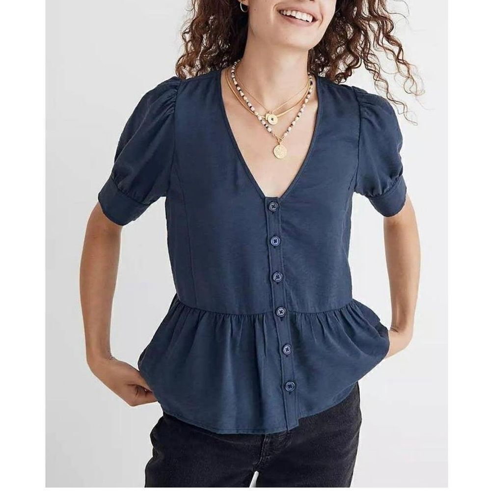 Madewell Drape-weave Puff Sleeves Peplum Top